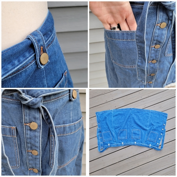 LOFT Belt Tie Denim Front Buttons Skirt Blue Indigo Patch Pockets Boho Western 4 - Picture 4 of 9